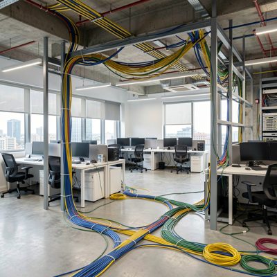 wide shot of completed network cabling in a modern office