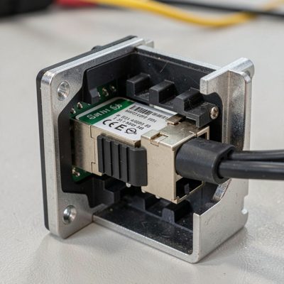 an sfp plus transceiver being pushed into its cage