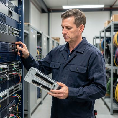 a technician carrying a switch ready to rack it