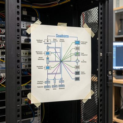a network diagram taped to the inside of a rack door