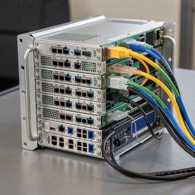 a rack mounted router with fibre uplinks connected