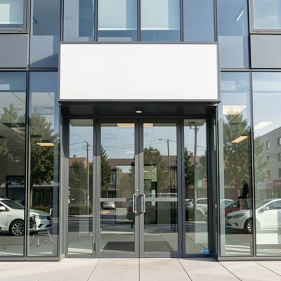 the front of a modern glass office building with a sign board above the door, blank empty sign board, no text, no lettering, no logo
