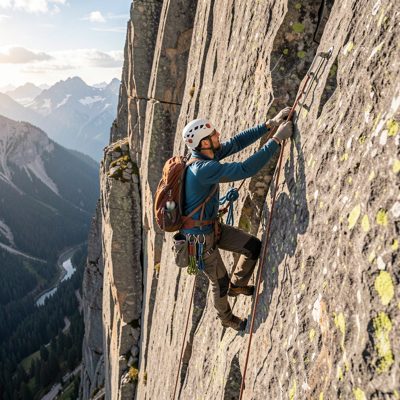 a climber roped on a rock face