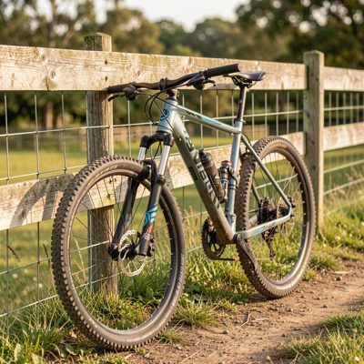 a mountain bike leaning against a fence