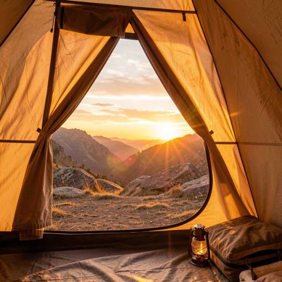a sunrise seen from a tent doorway