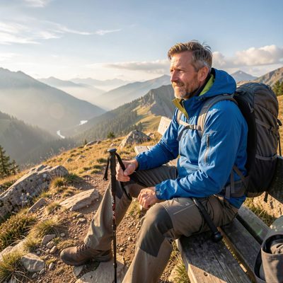 a hiker resting on a bench with a view