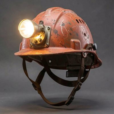 a caving helmet with a lamp fitted