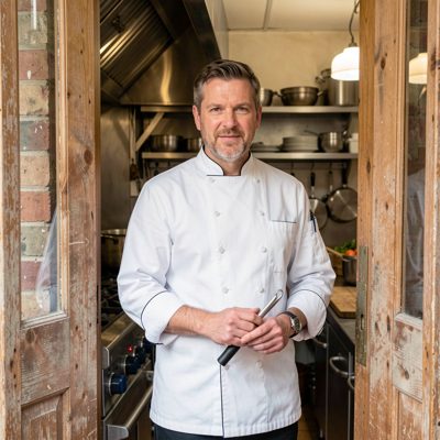 a chef photographed in the doorway of a kitchen
