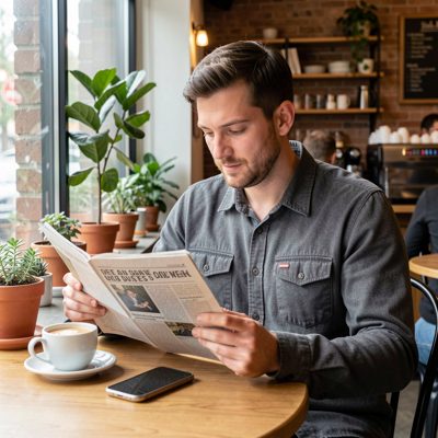 a man reading a newspaper in a cafe