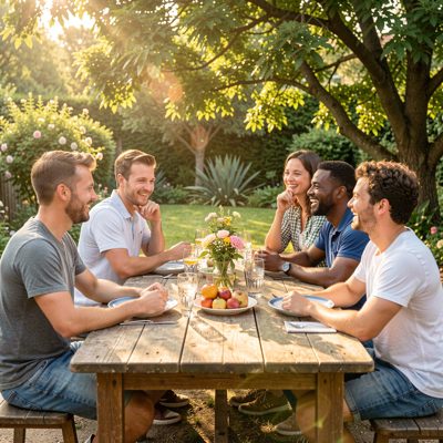 a group of friends around a table outdoors