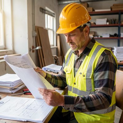 a person in a hard hat reading plans