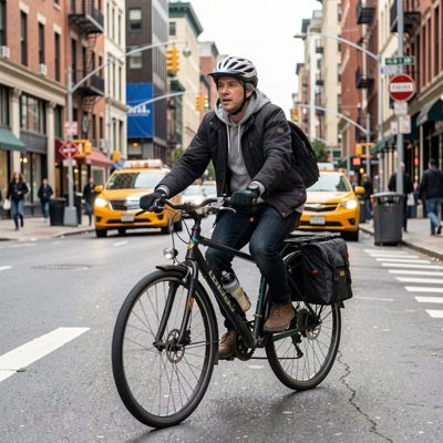 a person cycling to work in the city