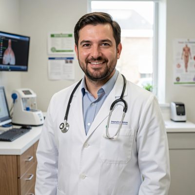 a doctor in a white coat in a clinic