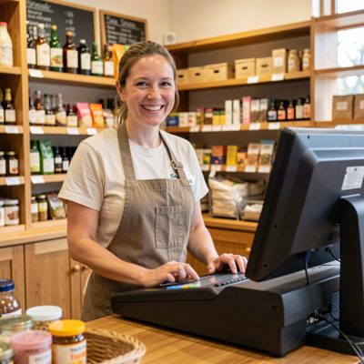 a shop assistant behind a till smiling