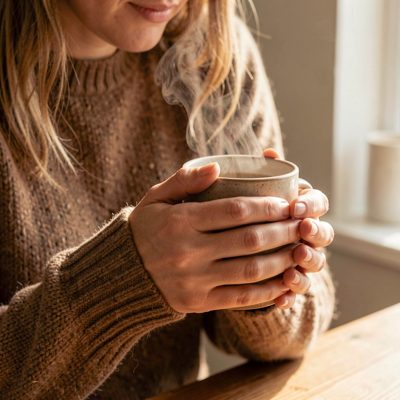 a person warming hands around a mug