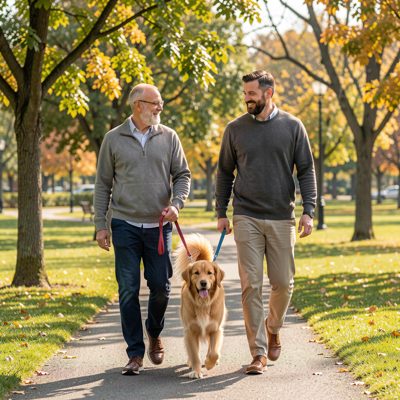two men walking a dog in a park together