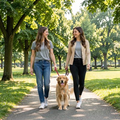 two women walking a dog in a park together