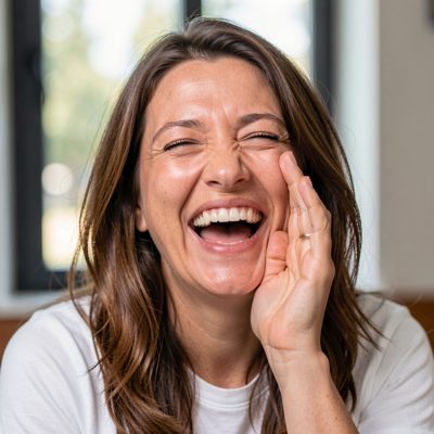 an adult woman laughing with a hand raised to her face