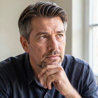 an adult person resting their chin on their hand, thoughtful