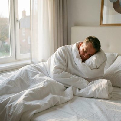 an adult person wrapped in a white bedsheet by a window, soft morning light