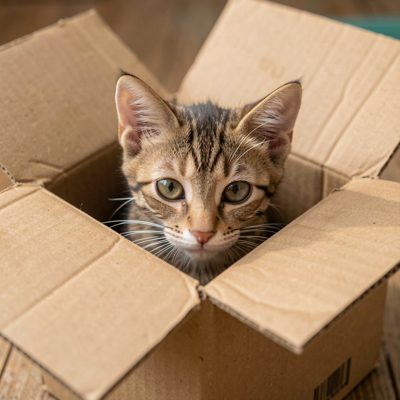 a kitten peering out of a cardboard box
