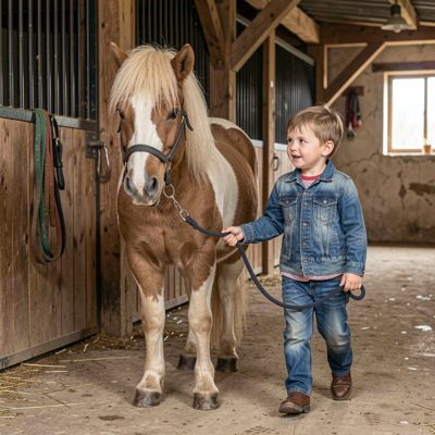 a pony being led by a child at a stable