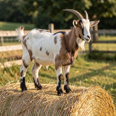 a goat standing on a straw bale
