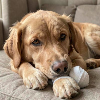 a dog with a bandaged paw resting