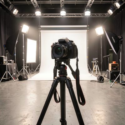 a camera on a tripod facing a lit set