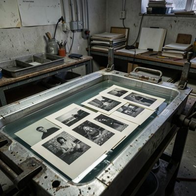 a darkroom with prints in a developing tray