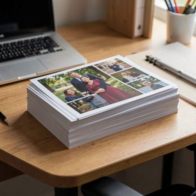 a stack of printed photographs on a desk