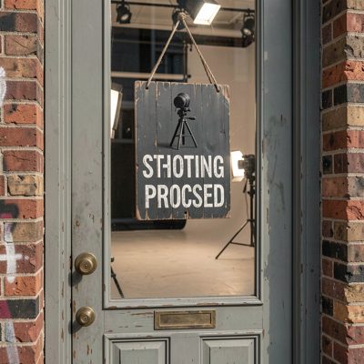 a photo studio door with a shooting in progress sign