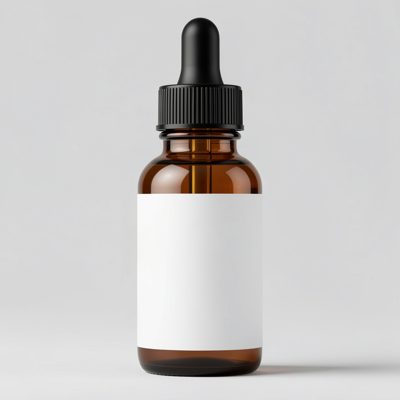 a serum bottle with a pipette lid and a blank white label