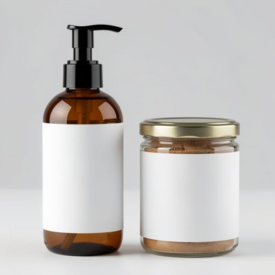a pump bottle and a jar side by side, both with blank white labels