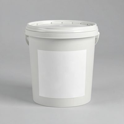 a plastic tub with a snap lid and a blank white label
