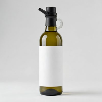 an olive oil bottle with a pourer spout and a blank white label