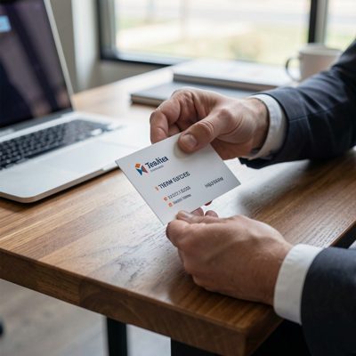 a business card being handed across a table