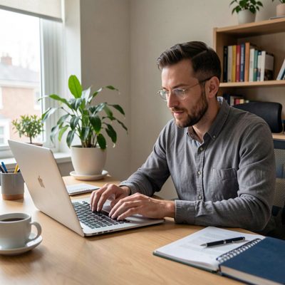 a copywriter working at a laptop in a quiet office