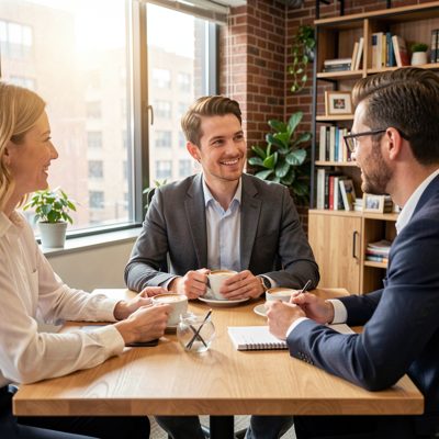 an office meeting with a client over coffee