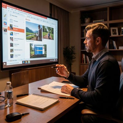 a person preparing a presentation late in the evening