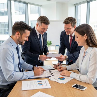 an audit team working through documents together