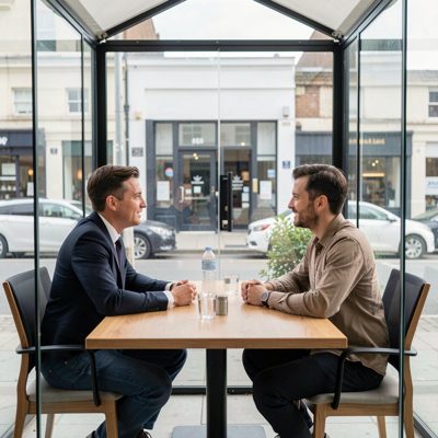a two person meeting in a glass walled booth