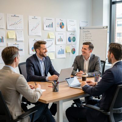 a strategy session with charts pinned to a wall