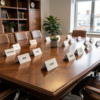 a boardroom table with name cards set out