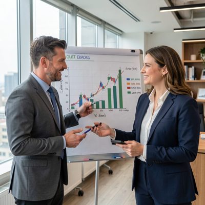 a financial adviser explaining a chart to a male couple