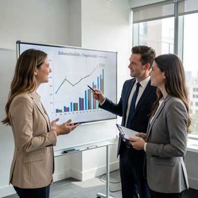 a financial adviser explaining a chart to a female couple