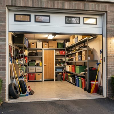 a garage door open showing storage inside
