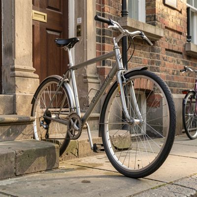 a bicycle leaning by a front step