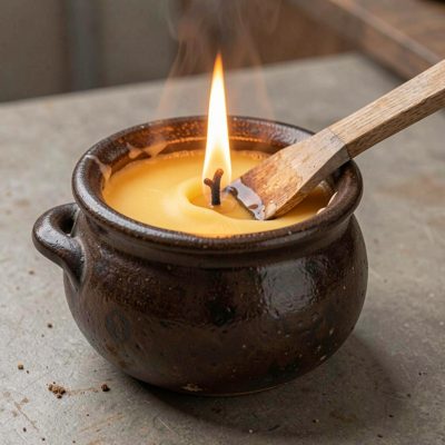 a wax pot warming with a spatula resting on it