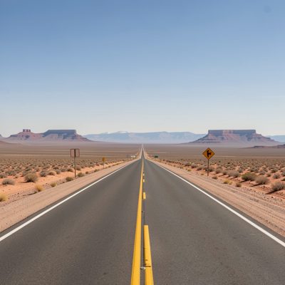 a desert highway running straight to the horizon